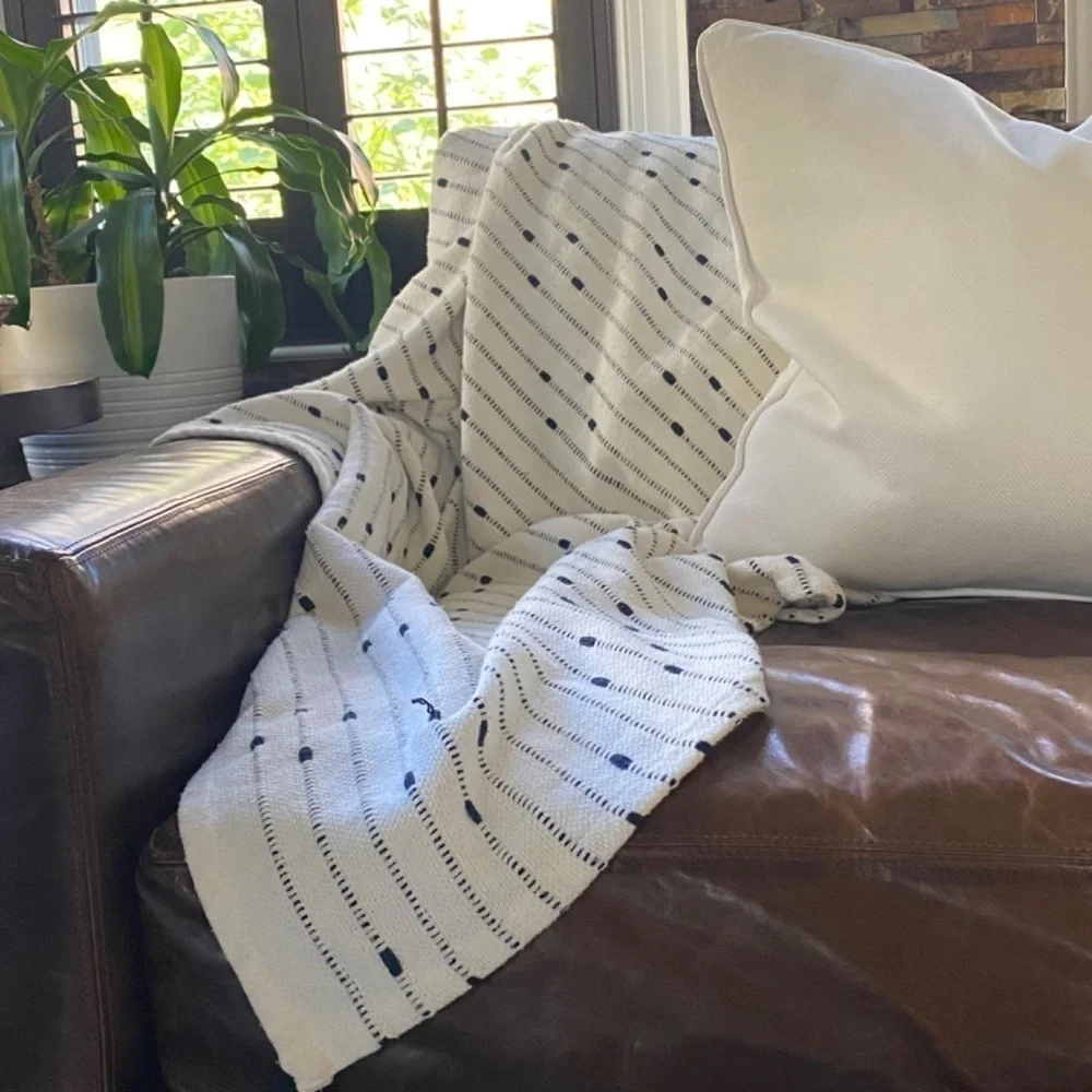 Urban86 Woven Textured Striped Tassel Throw Blanket White Navy